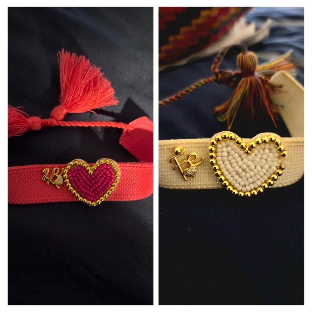 Beaded Heart Adjustable Cloth Bracelet  - Pink & Cream